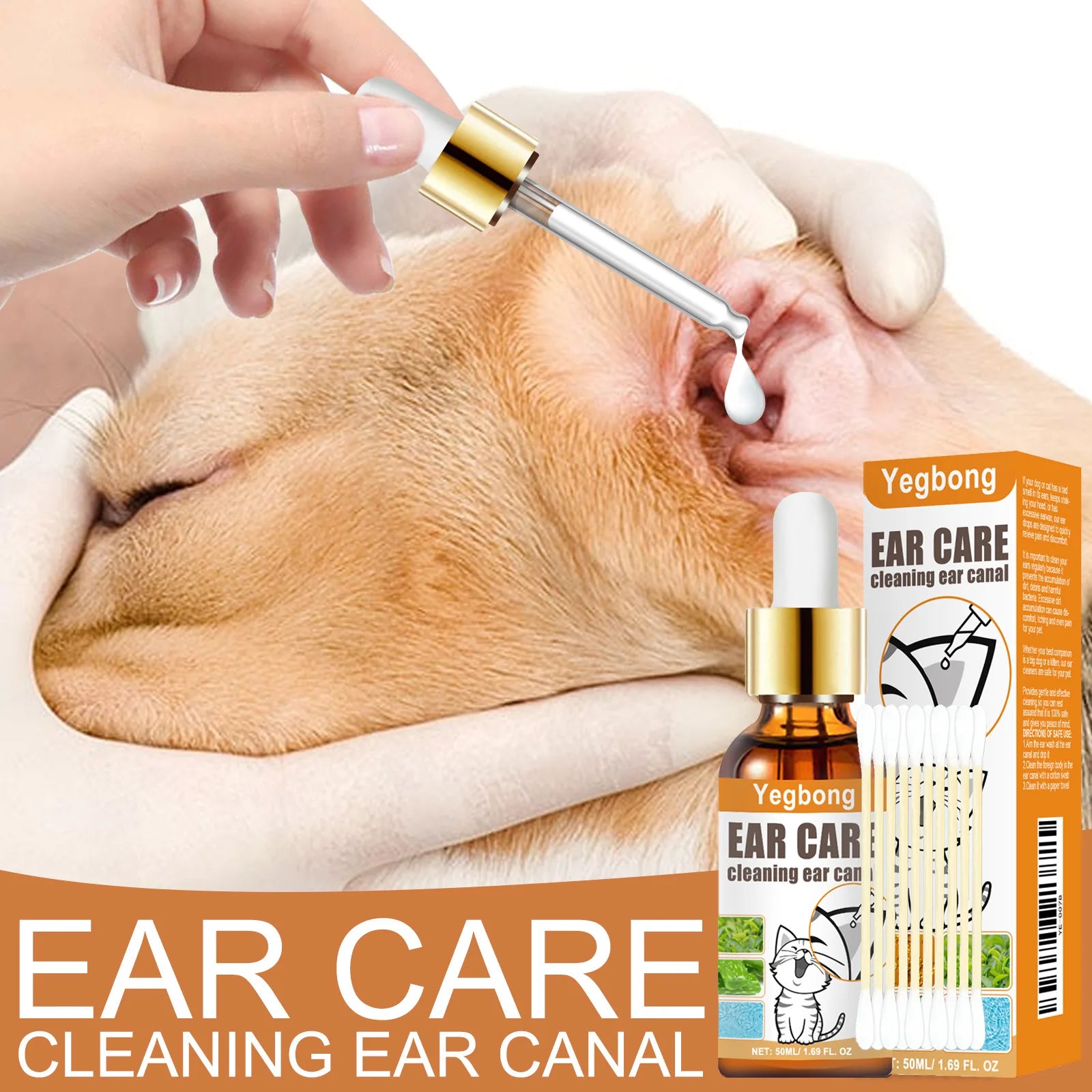 50ml Pet Ear Cleaner – Mite & Infection Control, Itch Relief, Deodorant Ear Wash with Cotton Swab
