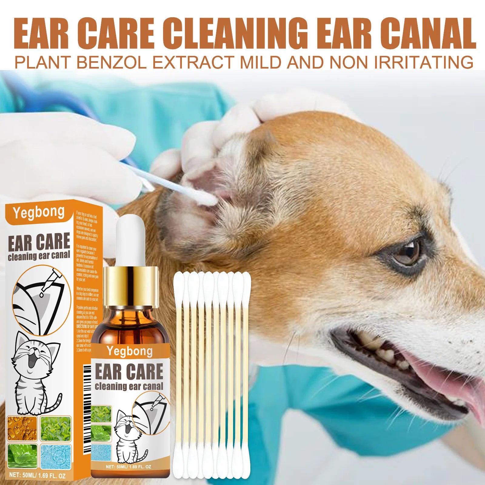 50ml Pet Ear Cleaner – Mite & Infection Control, Itch Relief, Deodorant Ear Wash with Cotton Swab