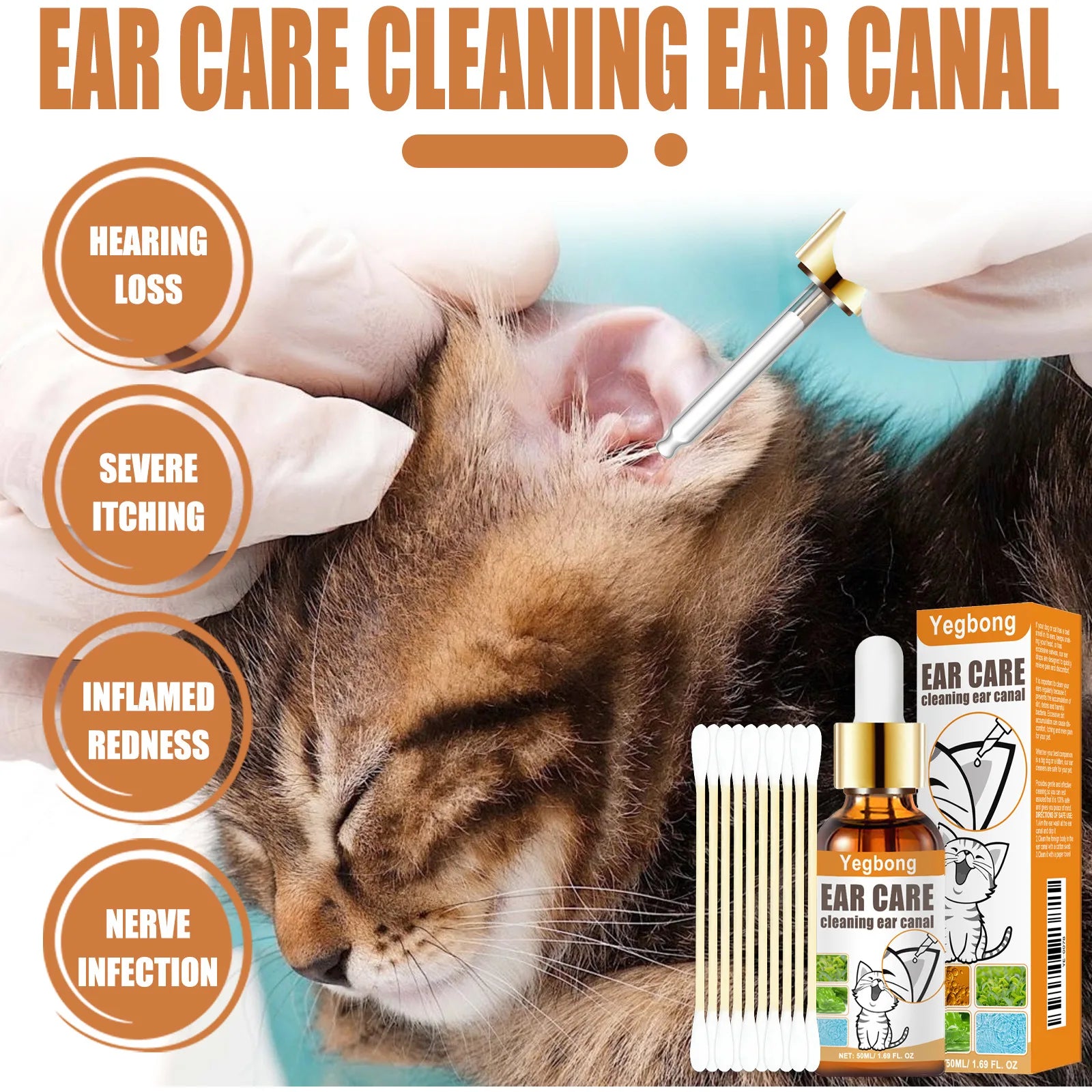 50ml Pet Ear Cleaner – Mite & Infection Control, Itch Relief, Deodorant Ear Wash with Cotton Swab