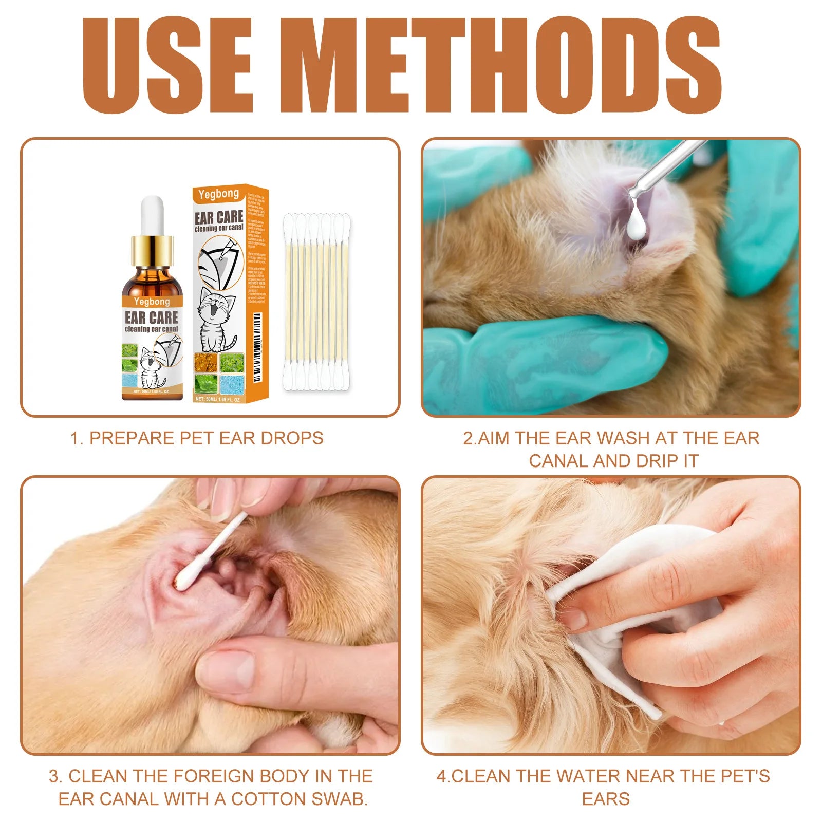 50ml Pet Ear Cleaner – Mite & Infection Control, Itch Relief, Deodorant Ear Wash with Cotton Swab