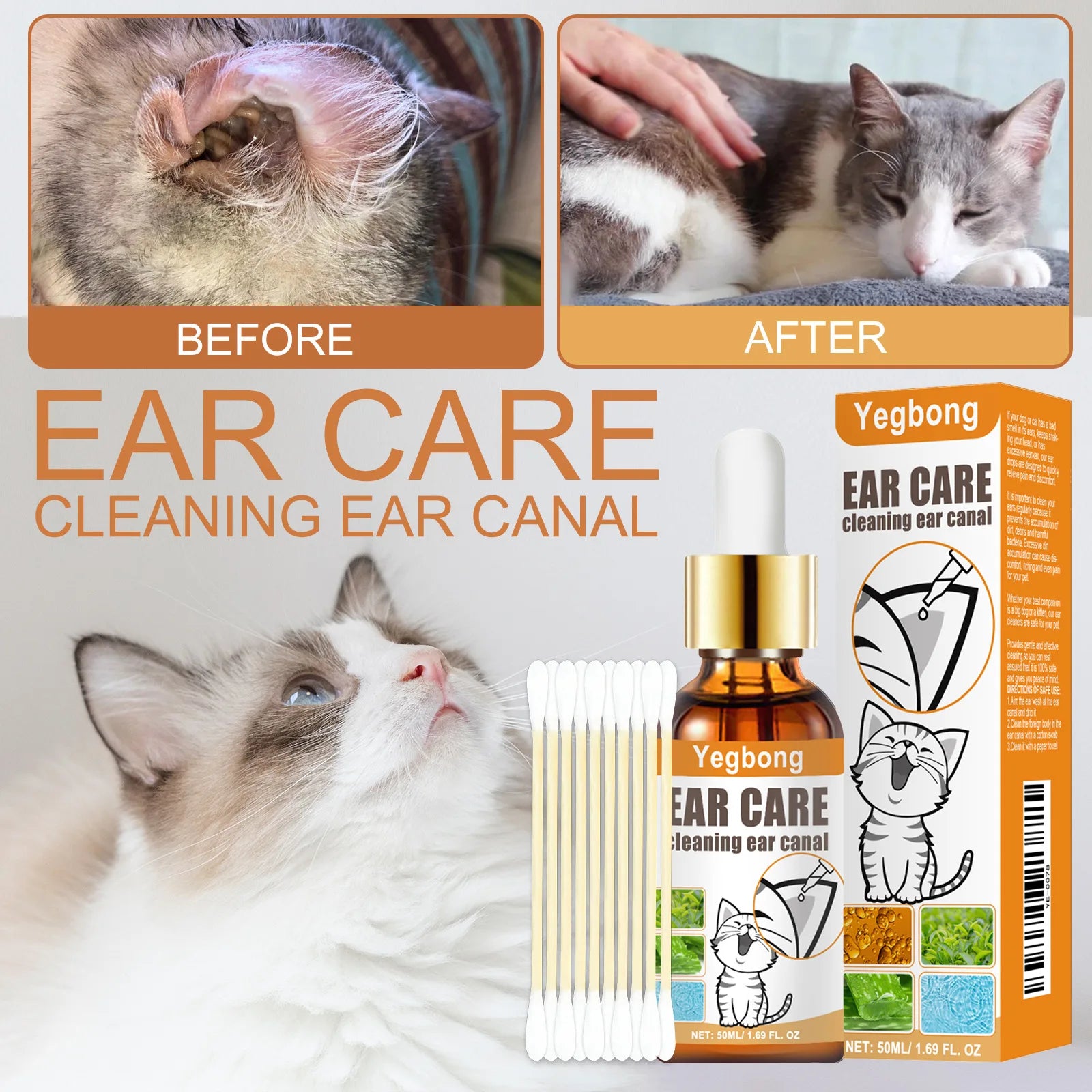 50ml Pet Ear Cleaner – Mite & Infection Control, Itch Relief, Deodorant Ear Wash with Cotton Swab
