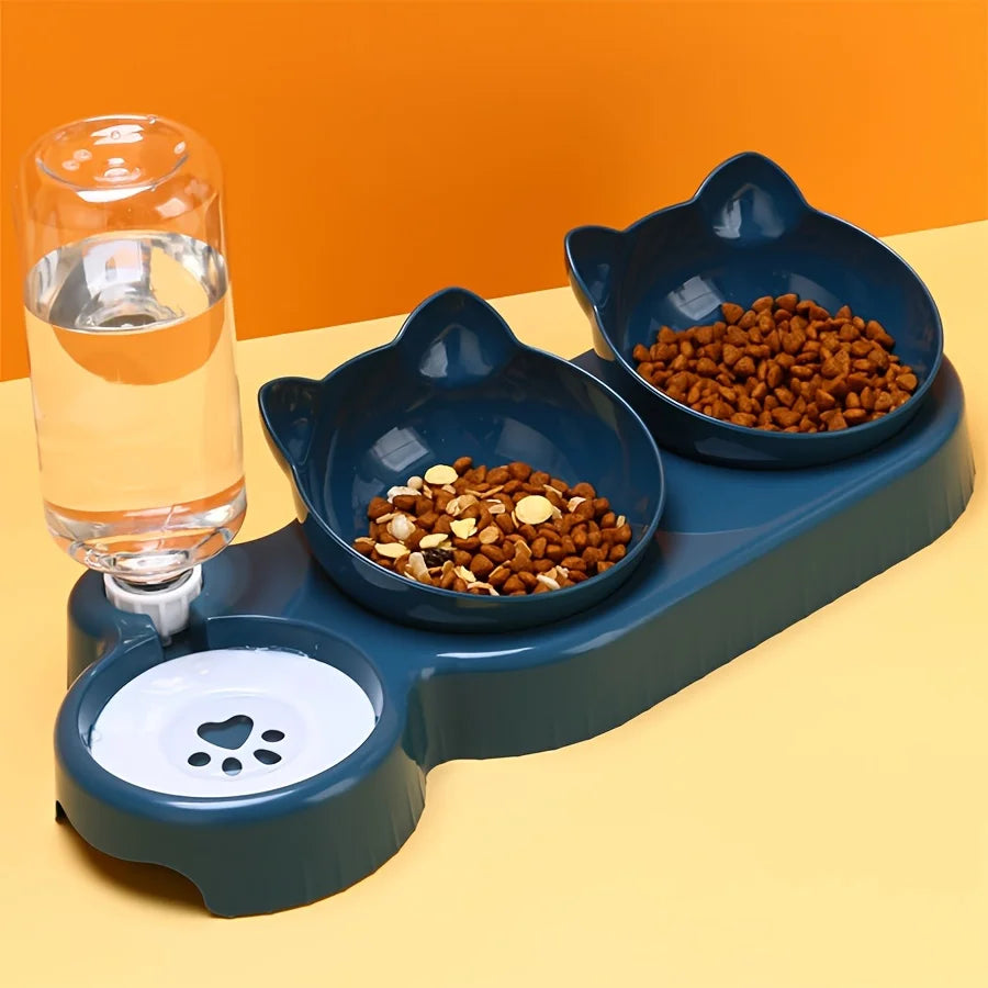 3-in-1 Tilted Cat Bowls with Water Feeder – Elevated Pet Food & Water Set for Neck Protection