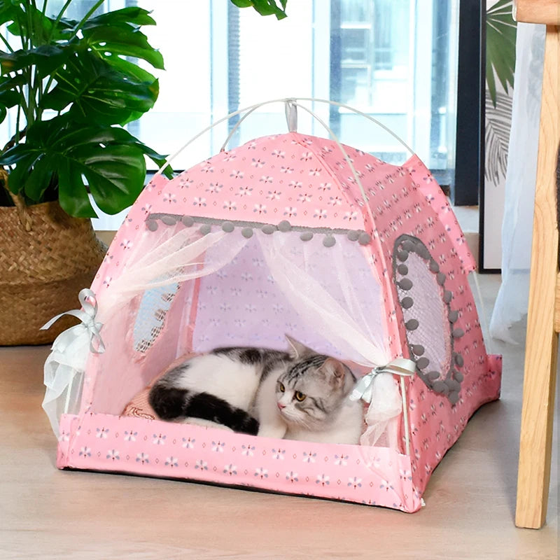 Cat & Dog Tent Bed – Semi-Enclosed Flower Design, All-Season Pet Nest