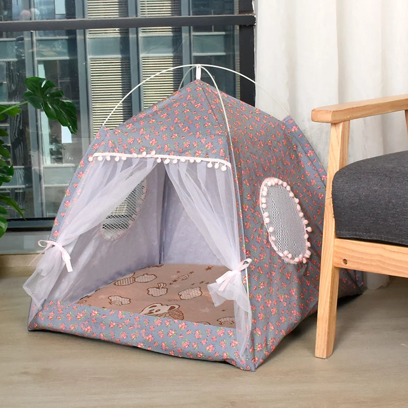 Cat & Dog Tent Bed – Semi-Enclosed Flower Design, All-Season Pet Nest