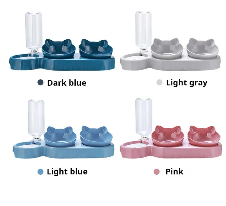 3-in-1 Tilted Cat Bowls with Water Feeder – Elevated Pet Food & Water Set for Neck Protection