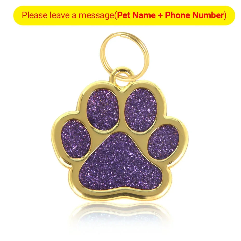 Personalized Pet Collar ID Tag – Custom Engraved Cat & Dog Name Necklace | Gold Paw Glitter Pendant, Puppy Accessories 3CM