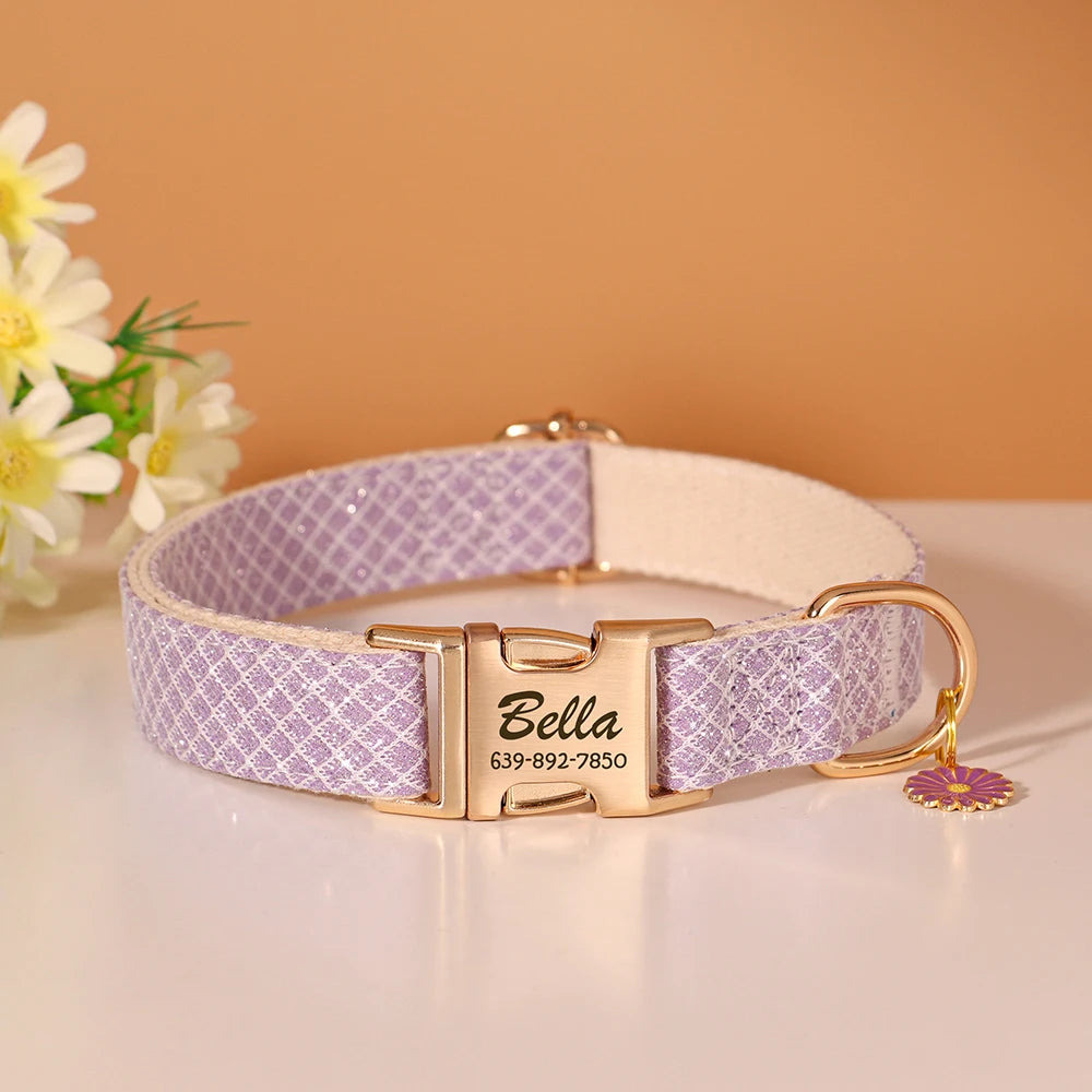 Custom Bling Nylon Dog Collar – Free Engraved ID Nameplate with Cute Flower Tag for Small & Medium Dogs and Cats