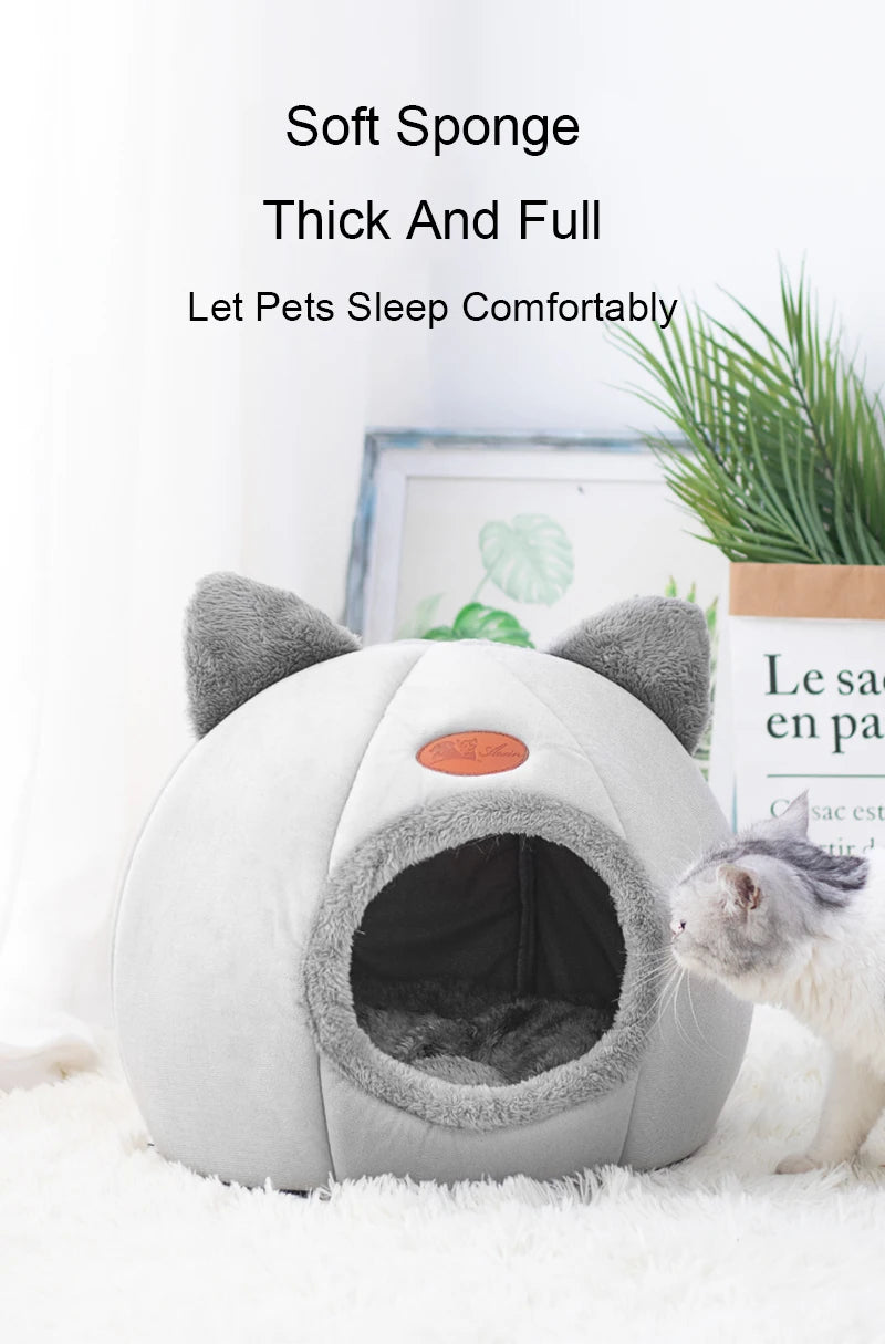Cat Head Shaped Cozy Cat Bed – Warm Semi-Closed Sleep Cave, Non-Slip Pet House for All Seasons