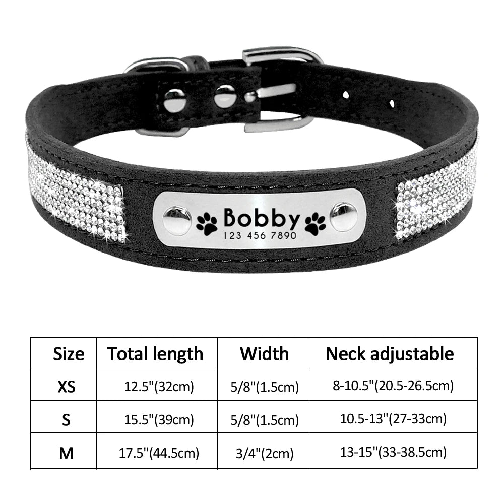Personalized Dog & Cat Collar – Adjustable Leather Crystal Bowtie Necklace with Rhinestones, Anti-Lost Pet Accessories