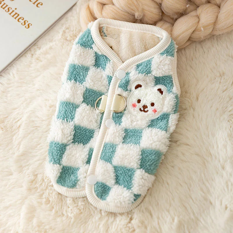 Winter Pet Sweater with Bear Print – Warm Plush Dog Cat Jacket with Buckle & Buttons for Small Dogs, Pomeranian, Chihuahua, Puppy Clothes