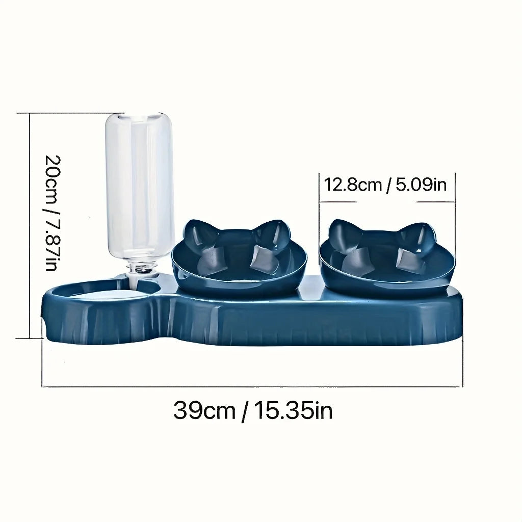3-in-1 Tilted Cat Bowls with Water Feeder – Elevated Pet Food & Water Set for Neck Protection