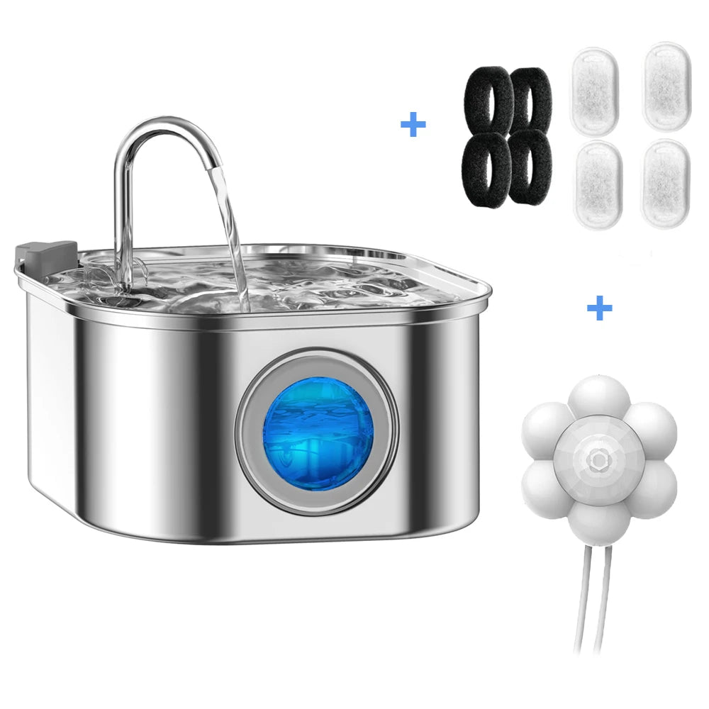 3.2L Stainless Steel Automatic Pet Water Fountain – Smart Cat & Dog Dispenser with Transparent Window, Quiet Filtered Drinking Bowl for Pets