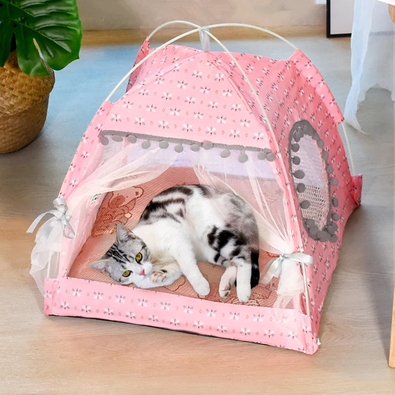 Cat & Dog Tent Bed – Semi-Enclosed Flower Design, All-Season Pet Nest