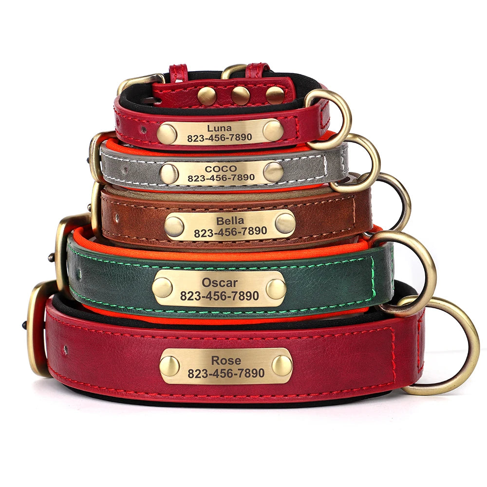 Personalized PU Leather Dog Collar – Adjustable, Soft Padded ID Name Tag for Small, Medium & Large Dogs – Free Engraving, Multiple Colors