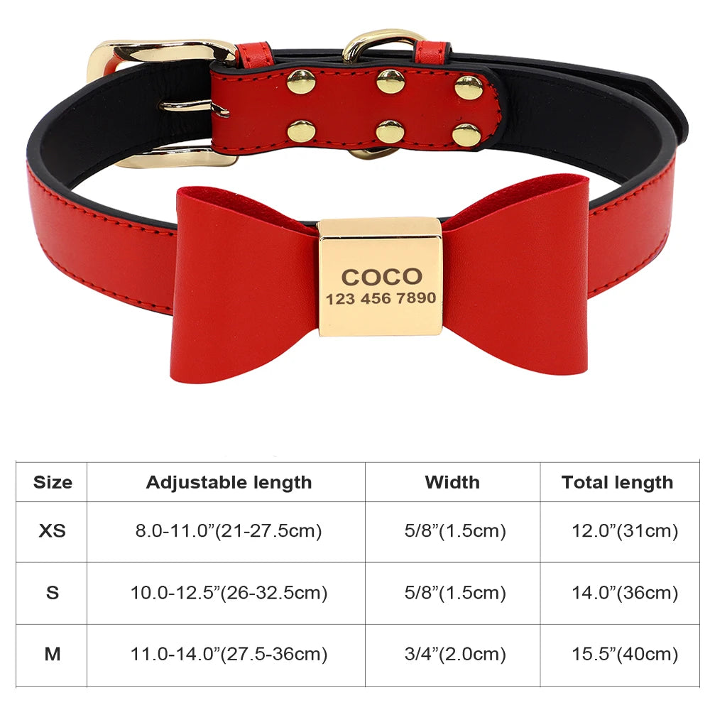 Personalized Dog & Cat Collar – Adjustable Leather Crystal Bowtie Necklace with Rhinestones, Anti-Lost Pet Accessories