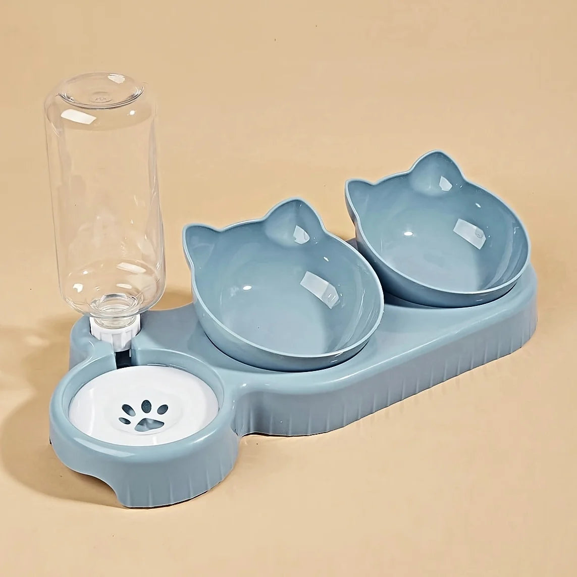 3-in-1 Tilted Cat Bowls with Water Feeder – Elevated Pet Food & Water Set for Neck Protection