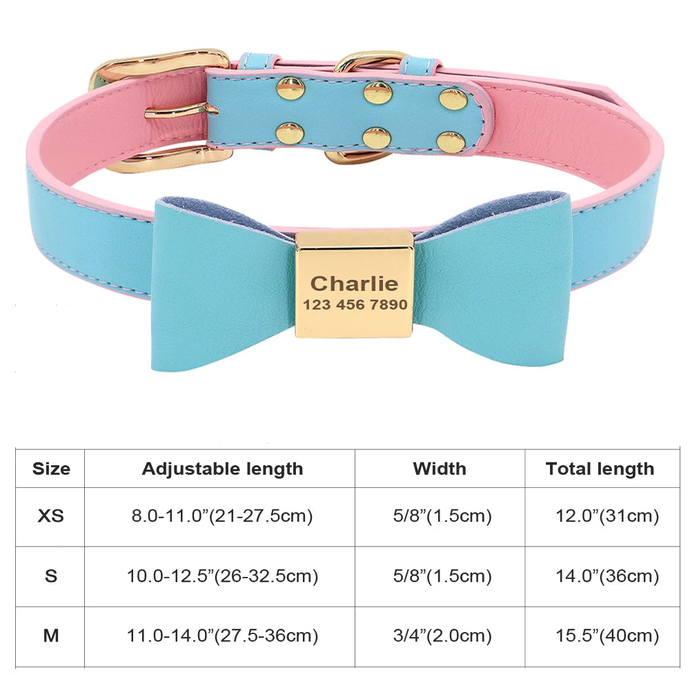 Personalized Dog & Cat Collar – Adjustable Leather Crystal Bowtie Necklace with Rhinestones, Anti-Lost Pet Accessories