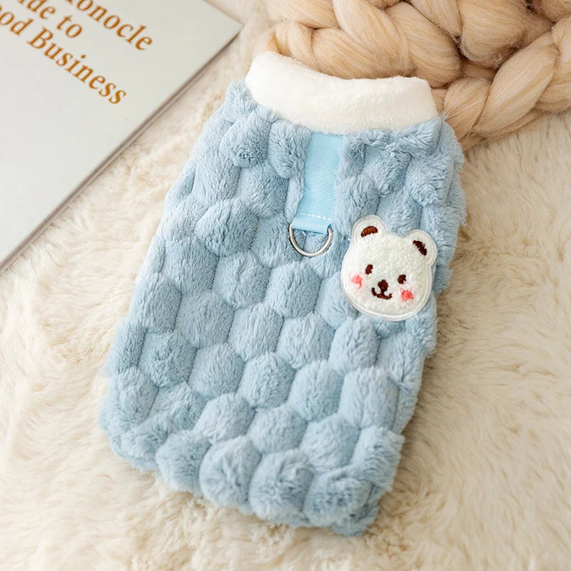 Winter Pet Sweater with Bear Print – Warm Plush Dog Cat Jacket with Buckle & Buttons for Small Dogs, Pomeranian, Chihuahua, Puppy Clothes