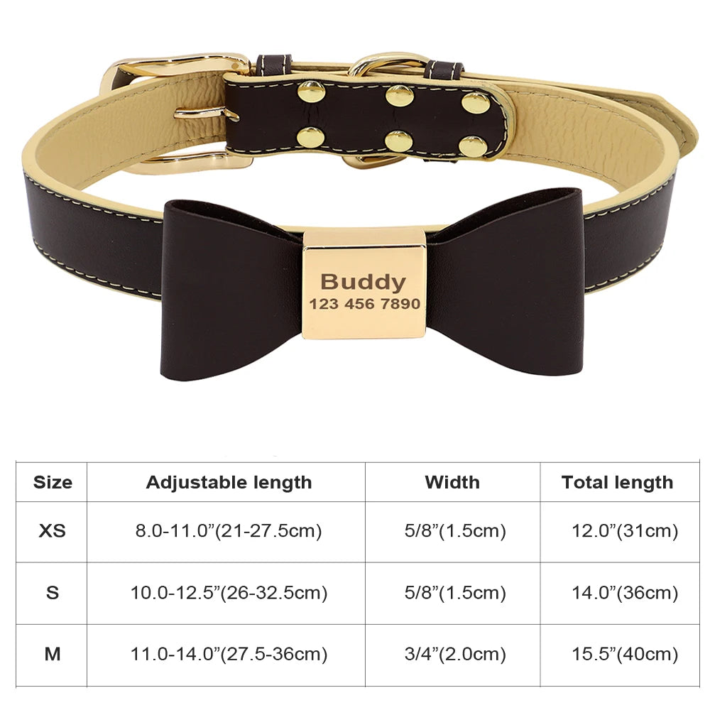 Personalized Dog & Cat Collar – Adjustable Leather Crystal Bowtie Necklace with Rhinestones, Anti-Lost Pet Accessories