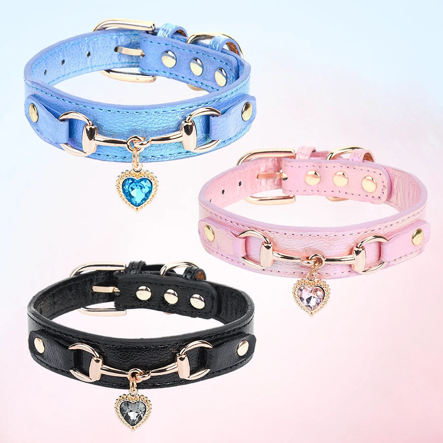 Adjustable PU Pet Collar for Cats & Dogs – Durable Sparkling Heart Design