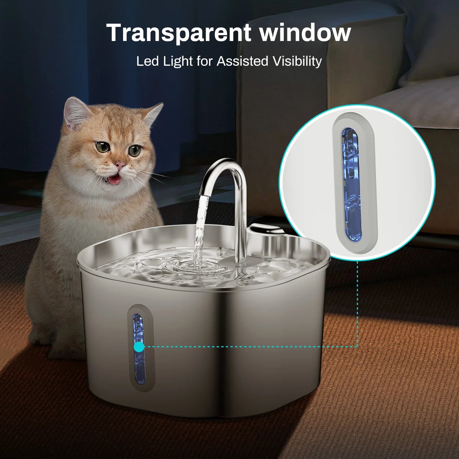 2.2L Automatic Stainless Steel Cat & Dog Water Fountain with Transparent Window (No 5V 1A Plug)
