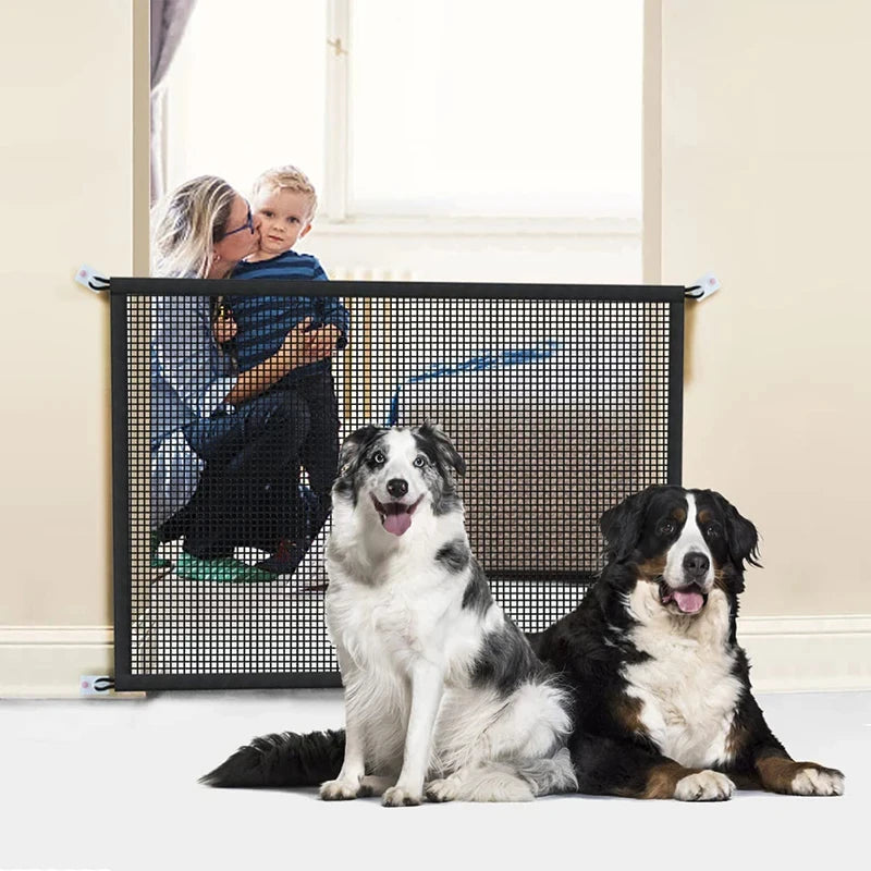 Pet Dog Barrier Fence – Foldable Mesh Safety Gate with 4 Hooks, Breathable Isolated Net for Stairs & Doorways, Portable Playpen Fence for Pets
