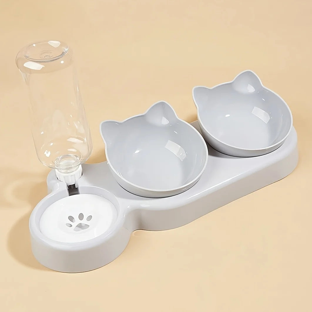 3-in-1 Tilted Cat Bowls with Water Feeder – Elevated Pet Food & Water Set for Neck Protection