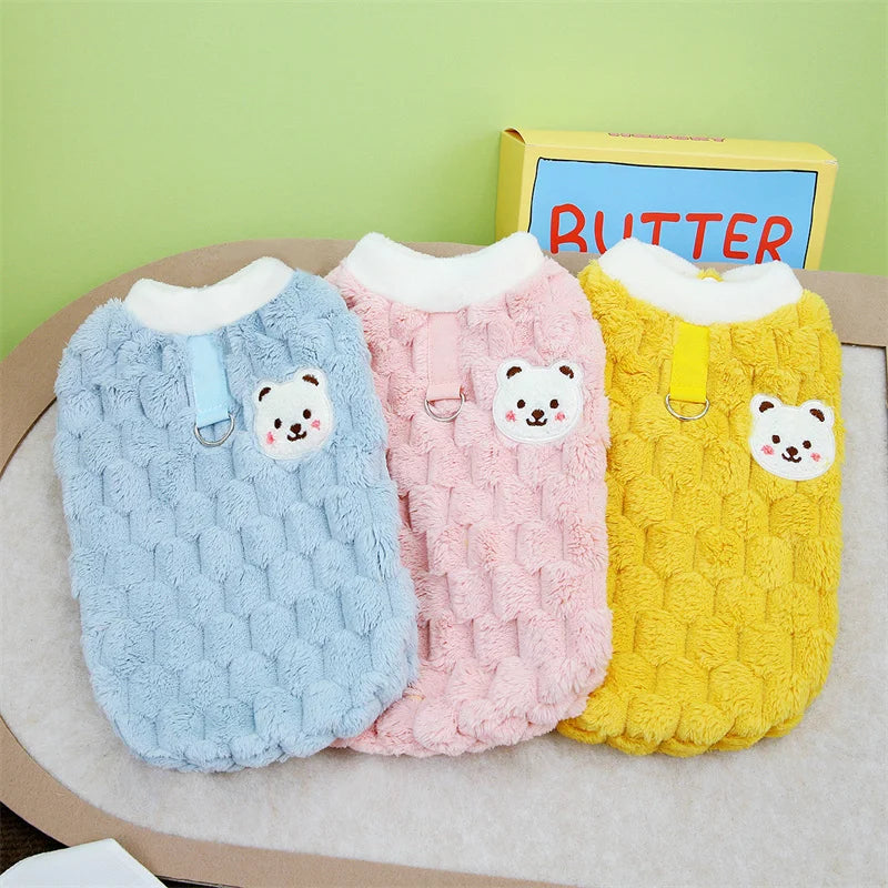 Winter Pet Sweater with Bear Print – Warm Plush Dog Cat Jacket with Buckle & Buttons for Small Dogs, Pomeranian, Chihuahua, Puppy Clothes