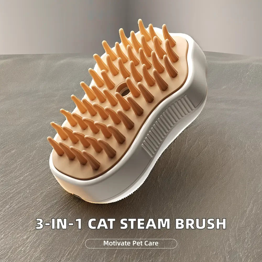 3-in-1 Rotating Cat Grooming Steamer Brush – Multifunctional Pet Hair Removal, Spray, Massage Comb with Self-Cleaning Steam for Easy Cat Care.