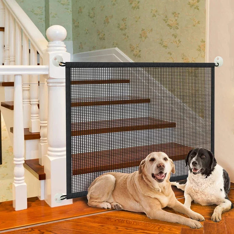 Pet Dog Barrier Fence – Foldable Mesh Safety Gate with 4 Hooks, Breathable Isolated Net for Stairs & Doorways, Portable Playpen Fence for Pets