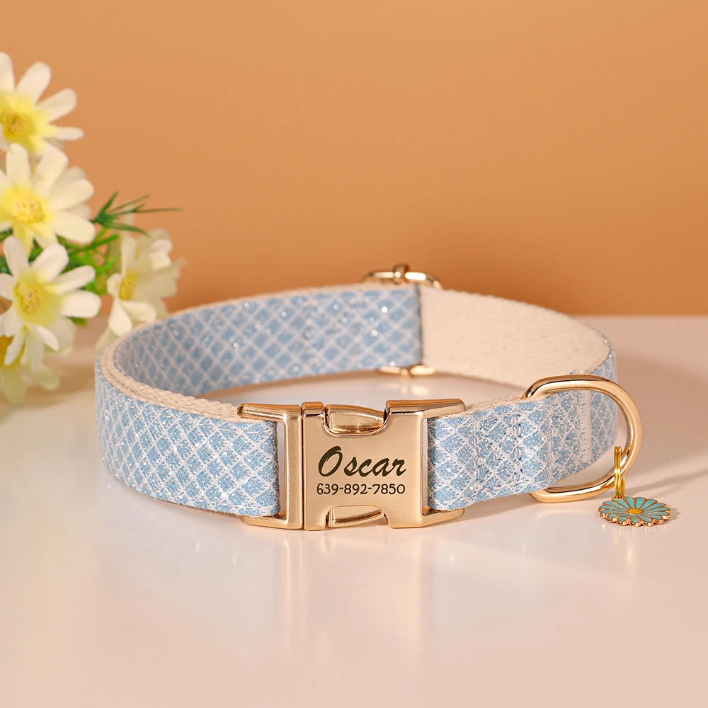 Custom Bling Nylon Dog Collar – Free Engraved ID Nameplate with Cute Flower Tag for Small & Medium Dogs and Cats