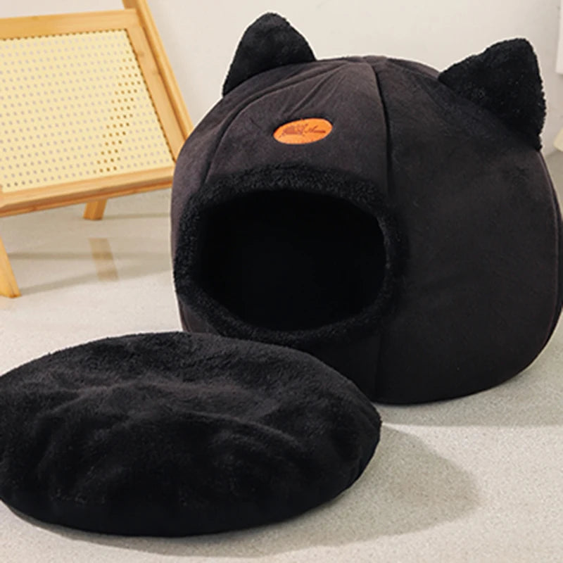 Cat Head Shaped Cozy Cat Bed – Warm Semi-Closed Sleep Cave, Non-Slip Pet House for All Seasons