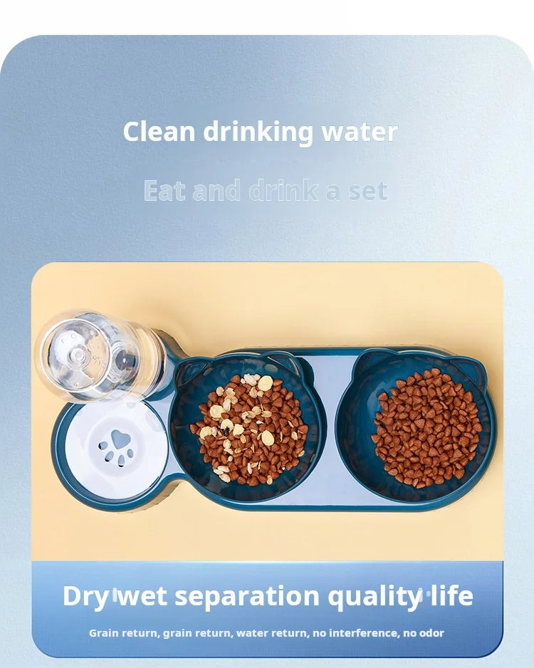 3-in-1 Tilted Cat Bowls with Water Feeder – Elevated Pet Food & Water Set for Neck Protection