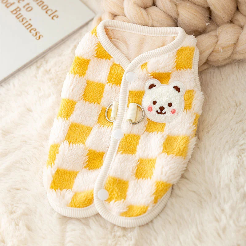 Winter Pet Sweater with Bear Print – Warm Plush Dog Cat Jacket with Buckle & Buttons for Small Dogs, Pomeranian, Chihuahua, Puppy Clothes