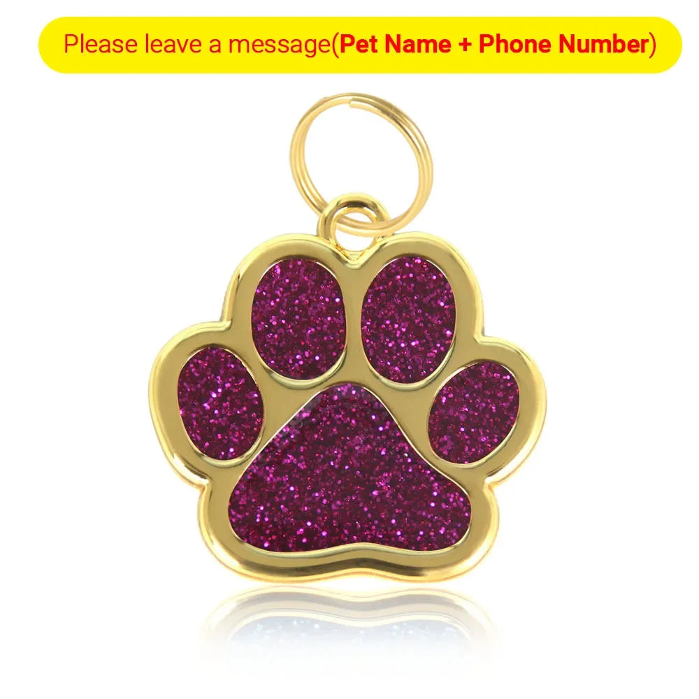 Personalized Pet Collar ID Tag – Custom Engraved Cat & Dog Name Necklace | Gold Paw Glitter Pendant, Puppy Accessories 3CM