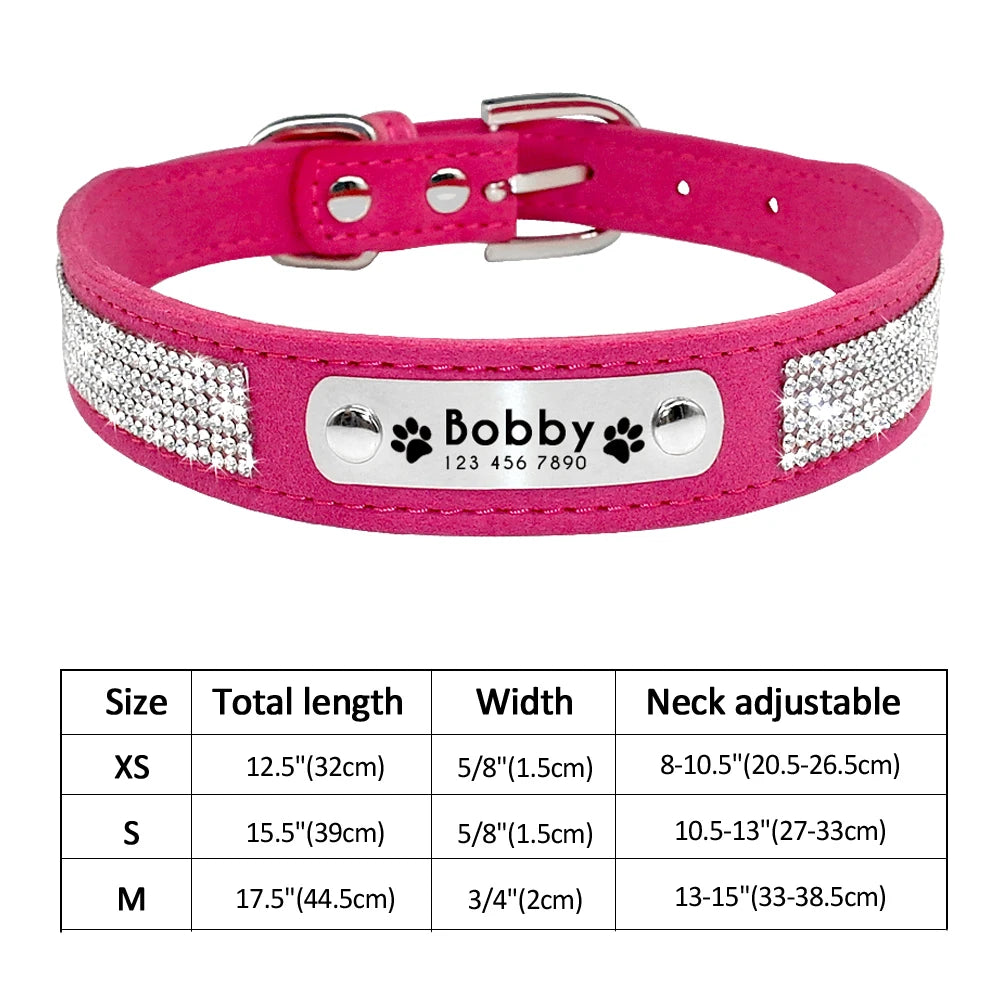 Personalized Dog & Cat Collar – Adjustable Leather Crystal Bowtie Necklace with Rhinestones, Anti-Lost Pet Accessories