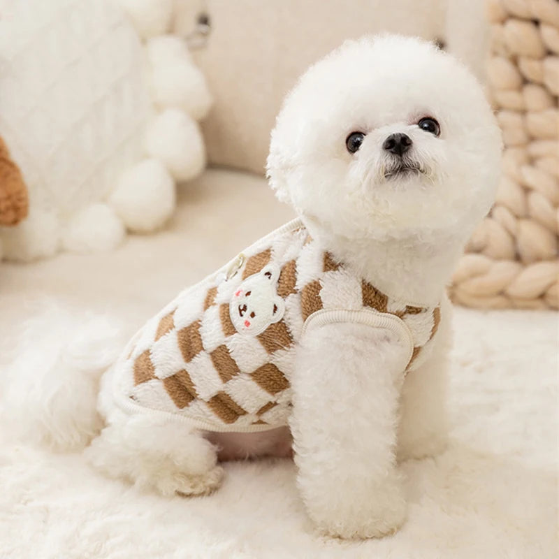 Winter Pet Sweater with Bear Print – Warm Plush Dog Cat Jacket with Buckle & Buttons for Small Dogs, Pomeranian, Chihuahua, Puppy Clothes