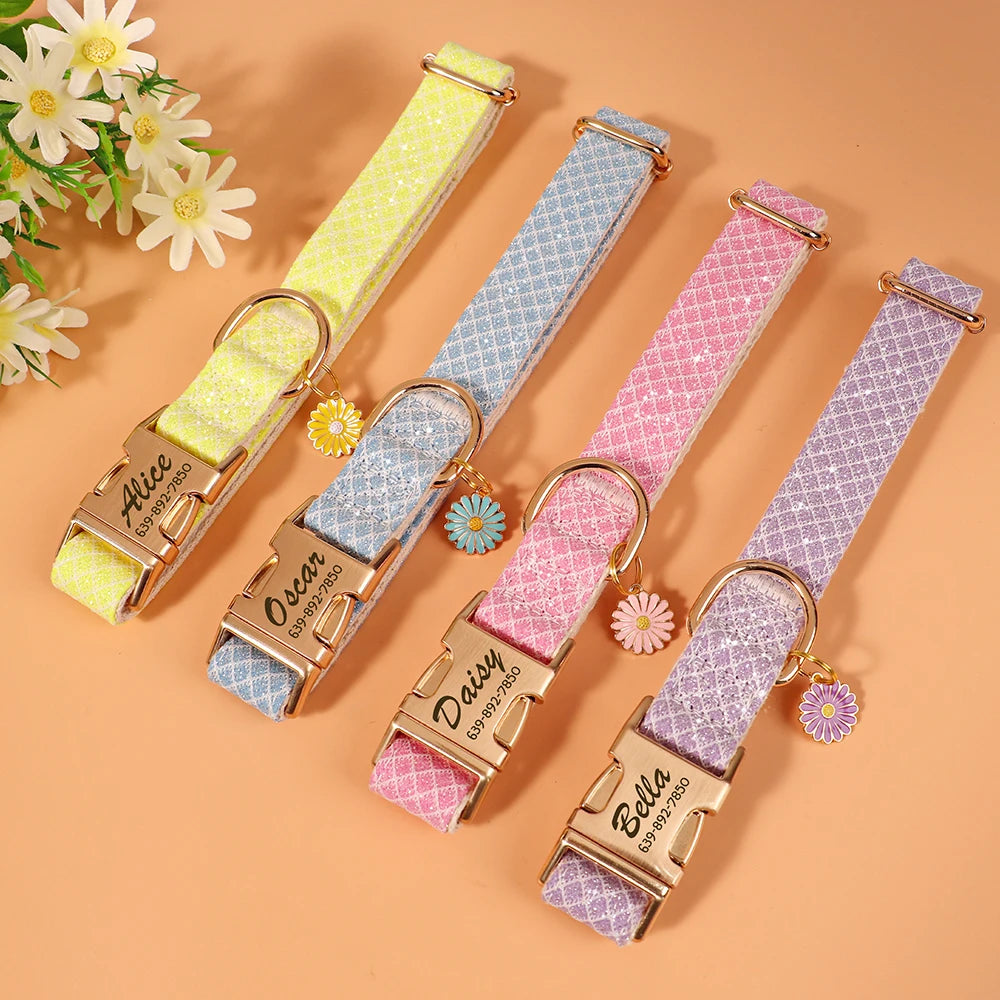 Custom Bling Nylon Dog Collar – Free Engraved ID Nameplate with Cute Flower Tag for Small & Medium Dogs and Cats