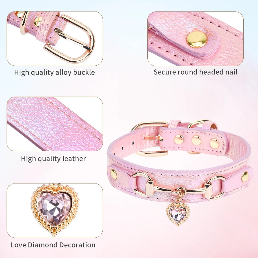 Adjustable PU Pet Collar for Cats & Dogs – Durable Sparkling Heart Design