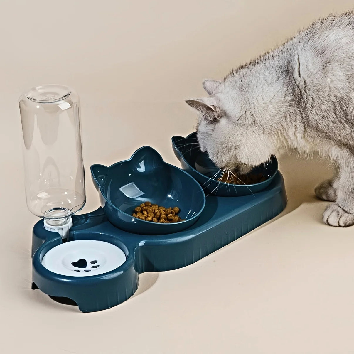 3-in-1 Tilted Cat Bowls with Water Feeder – Elevated Pet Food & Water Set for Neck Protection