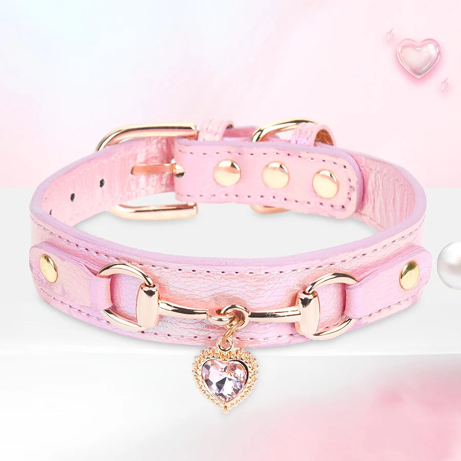 Adjustable PU Pet Collar for Cats & Dogs – Durable Sparkling Heart Design