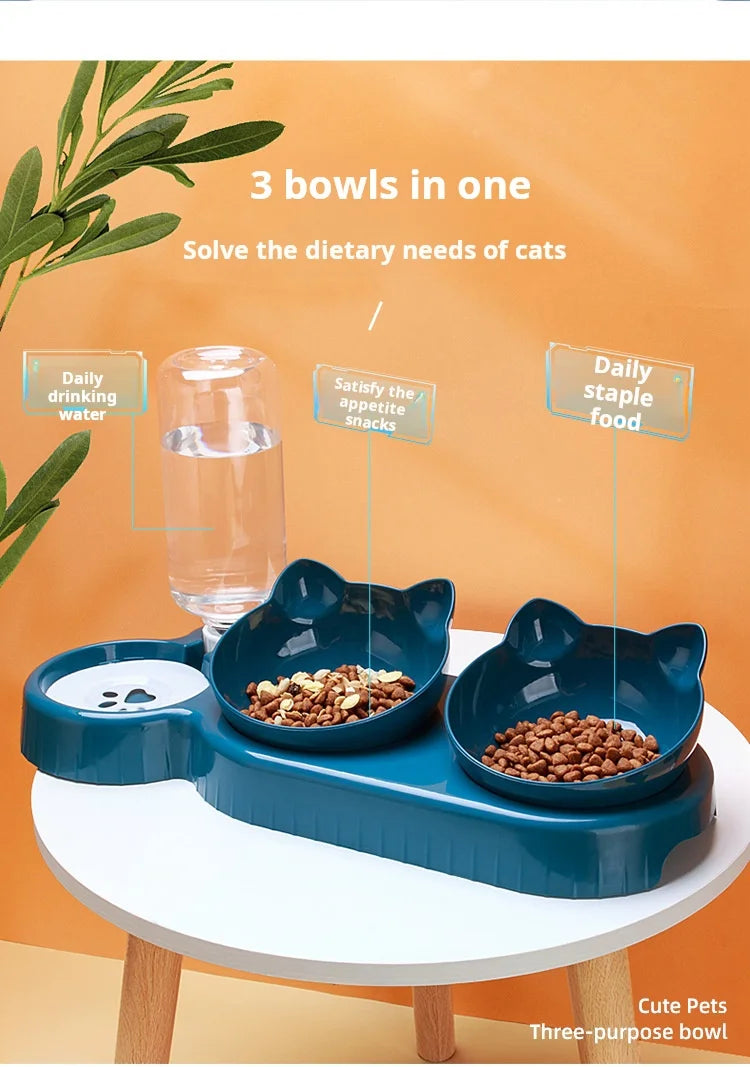 3-in-1 Tilted Cat Bowls with Water Feeder – Elevated Pet Food & Water Set for Neck Protection