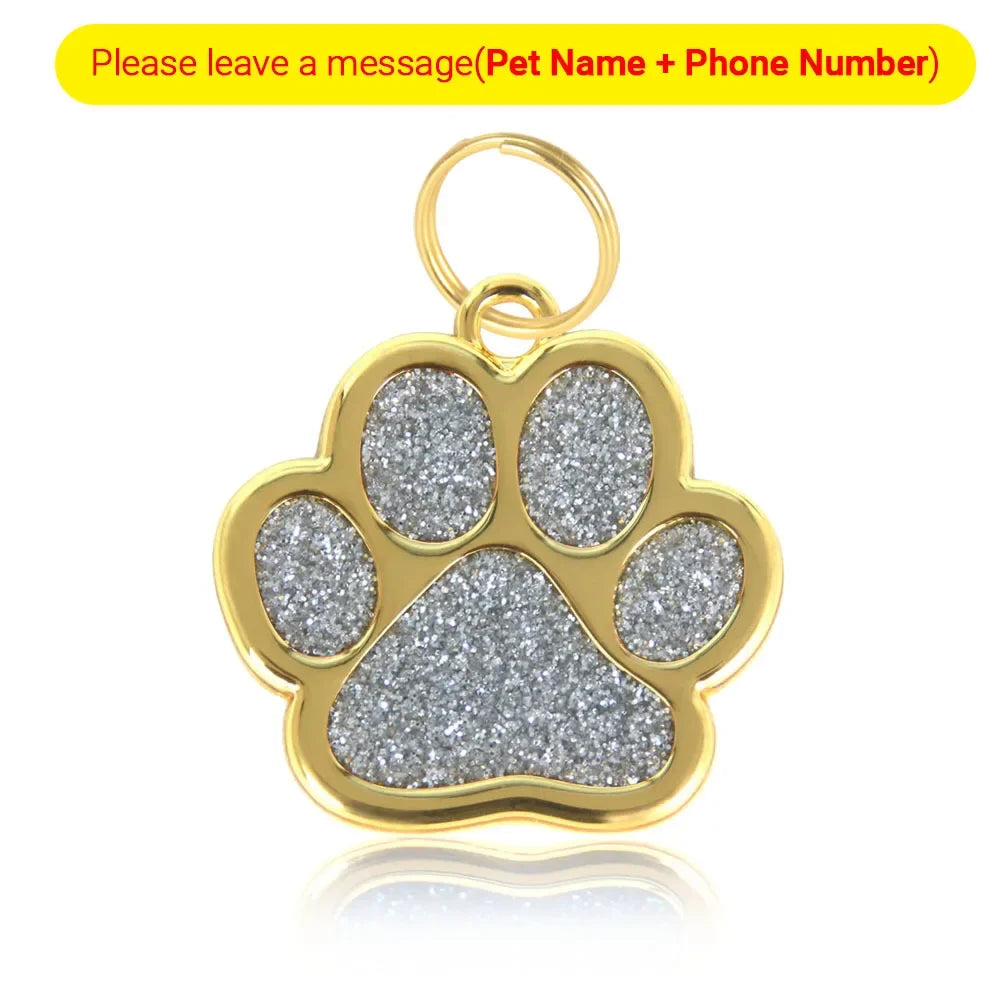 Personalized Pet Collar ID Tag – Custom Engraved Cat & Dog Name Necklace | Gold Paw Glitter Pendant, Puppy Accessories 3CM
