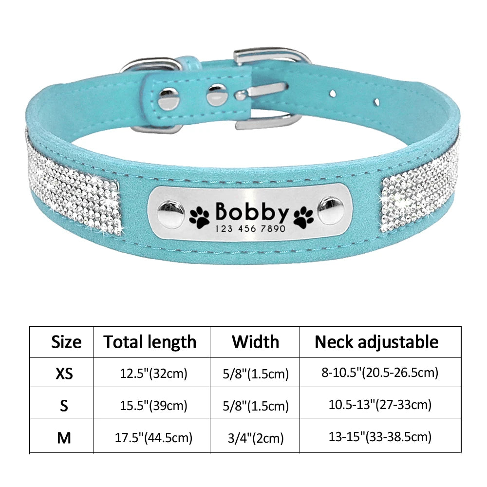 Personalized Dog & Cat Collar – Adjustable Leather Crystal Bowtie Necklace with Rhinestones, Anti-Lost Pet Accessories
