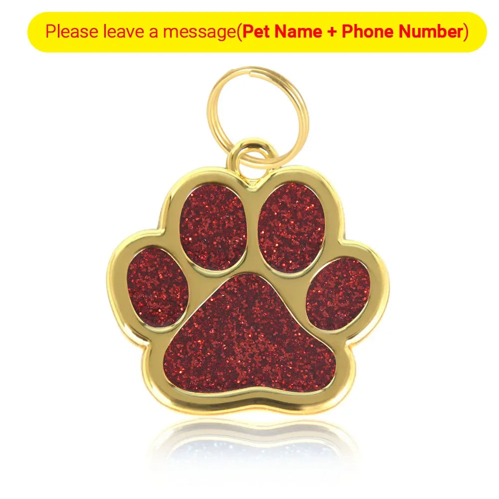 Personalized Pet Collar ID Tag – Custom Engraved Cat & Dog Name Necklace | Gold Paw Glitter Pendant, Puppy Accessories 3CM