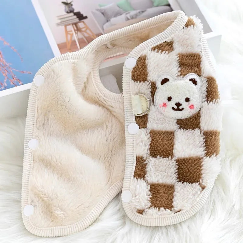 Winter Pet Sweater with Bear Print – Warm Plush Dog Cat Jacket with Buckle & Buttons for Small Dogs, Pomeranian, Chihuahua, Puppy Clothes