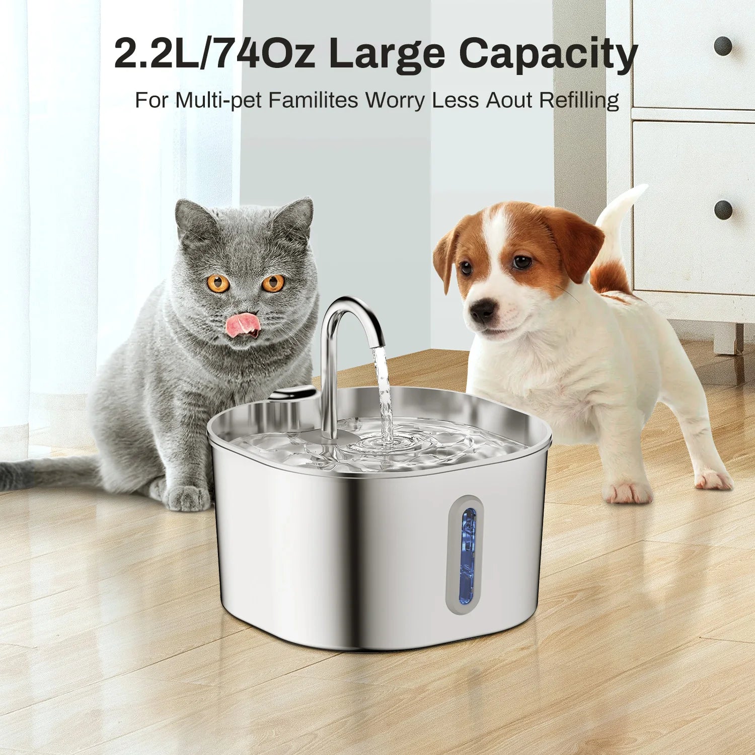 2.2L Automatic Stainless Steel Cat & Dog Water Fountain with Transparent Window (No 5V 1A Plug)