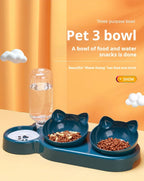 3-in-1 Tilted Cat Bowls with Water Feeder – Elevated Pet Food & Water Set for Neck Protection