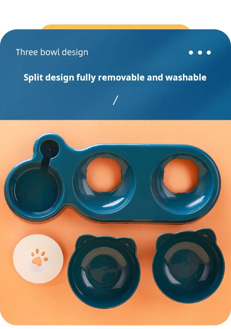 3-in-1 Tilted Cat Bowls with Water Feeder – Elevated Pet Food & Water Set for Neck Protection