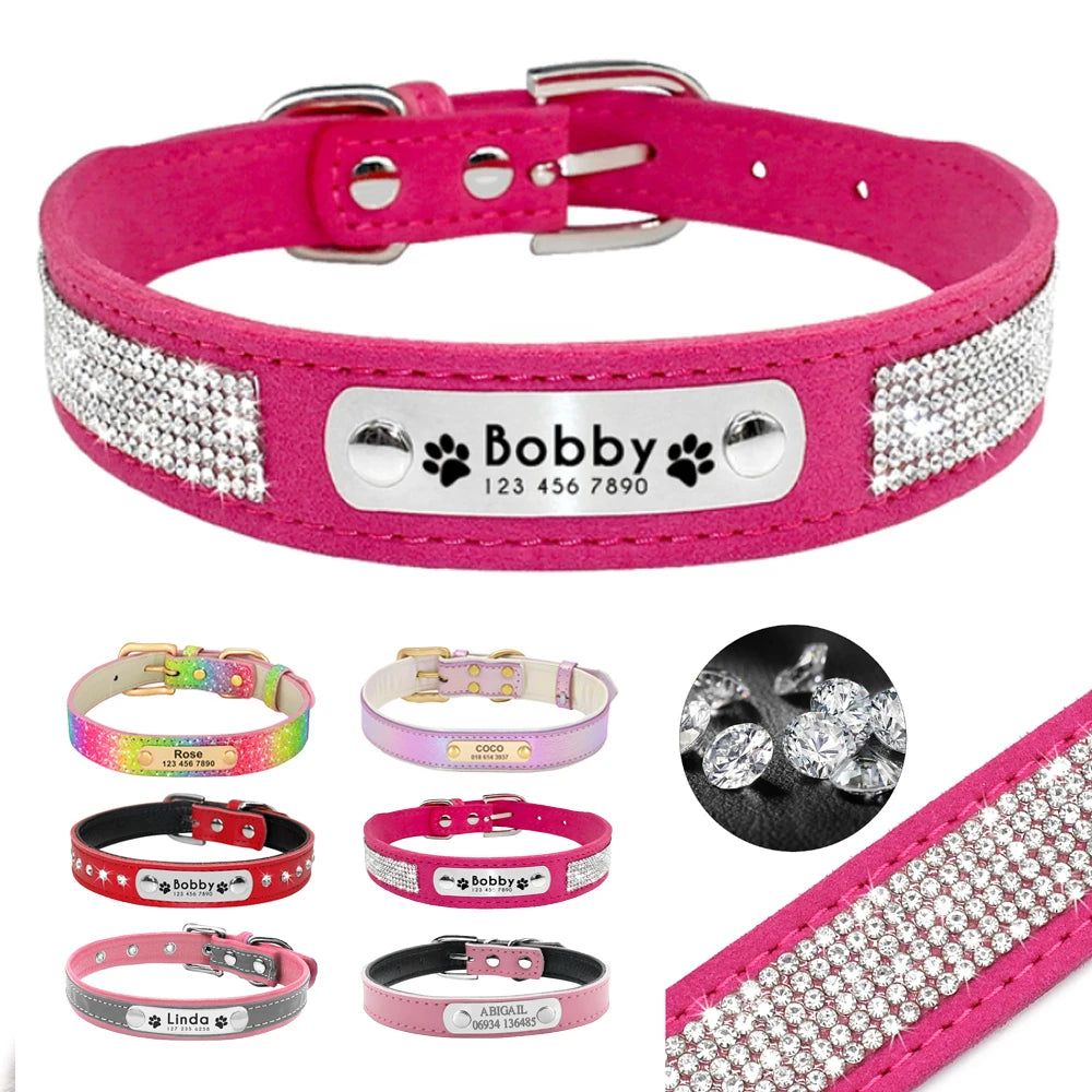 Personalized Dog & Cat Collar – Adjustable Leather Crystal Bowtie Necklace with Rhinestones, Anti-Lost Pet Accessories